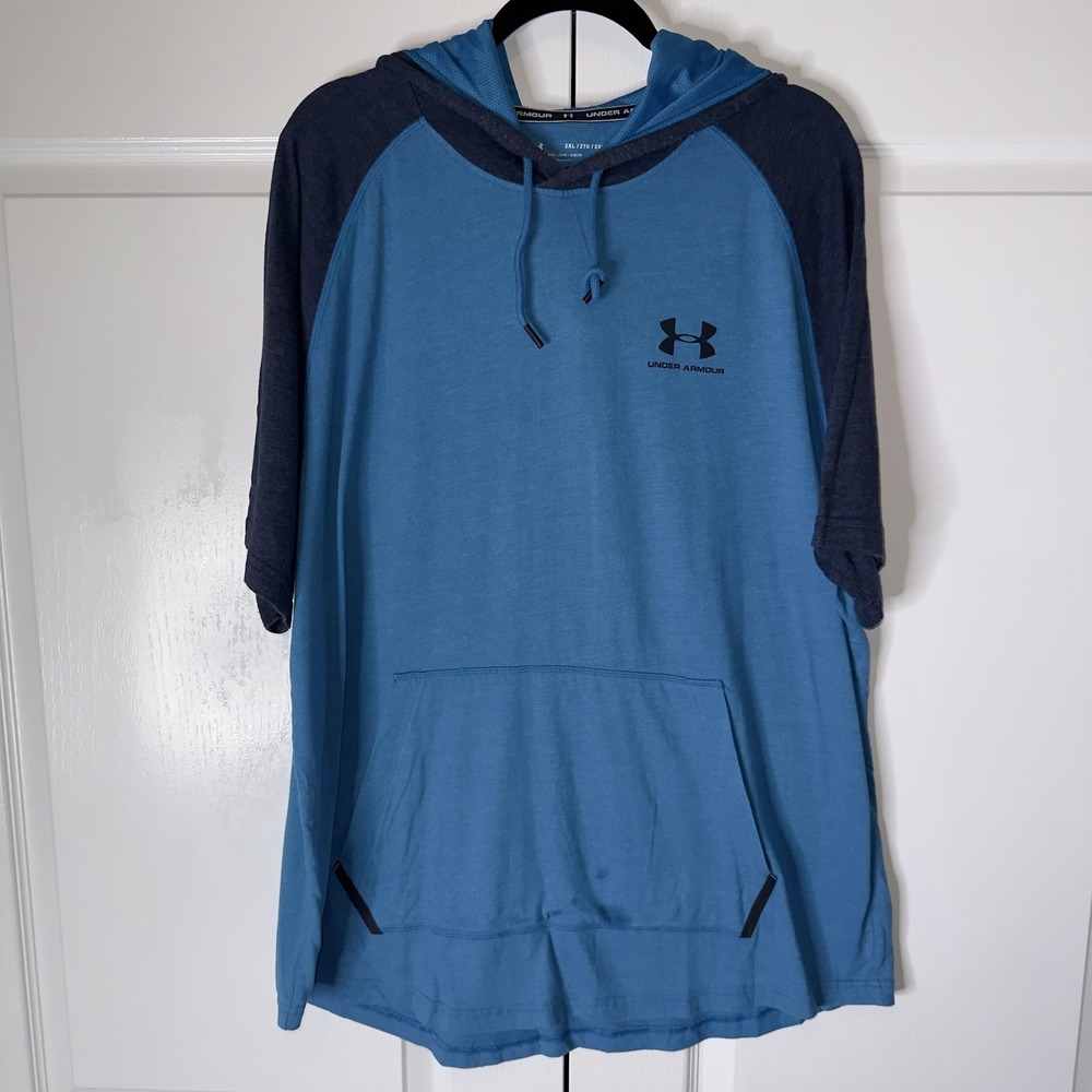 Under Armour Hoodie Mens 2XL Blue Short Sleeve HeatGear Pullover Kangaroo Pocket